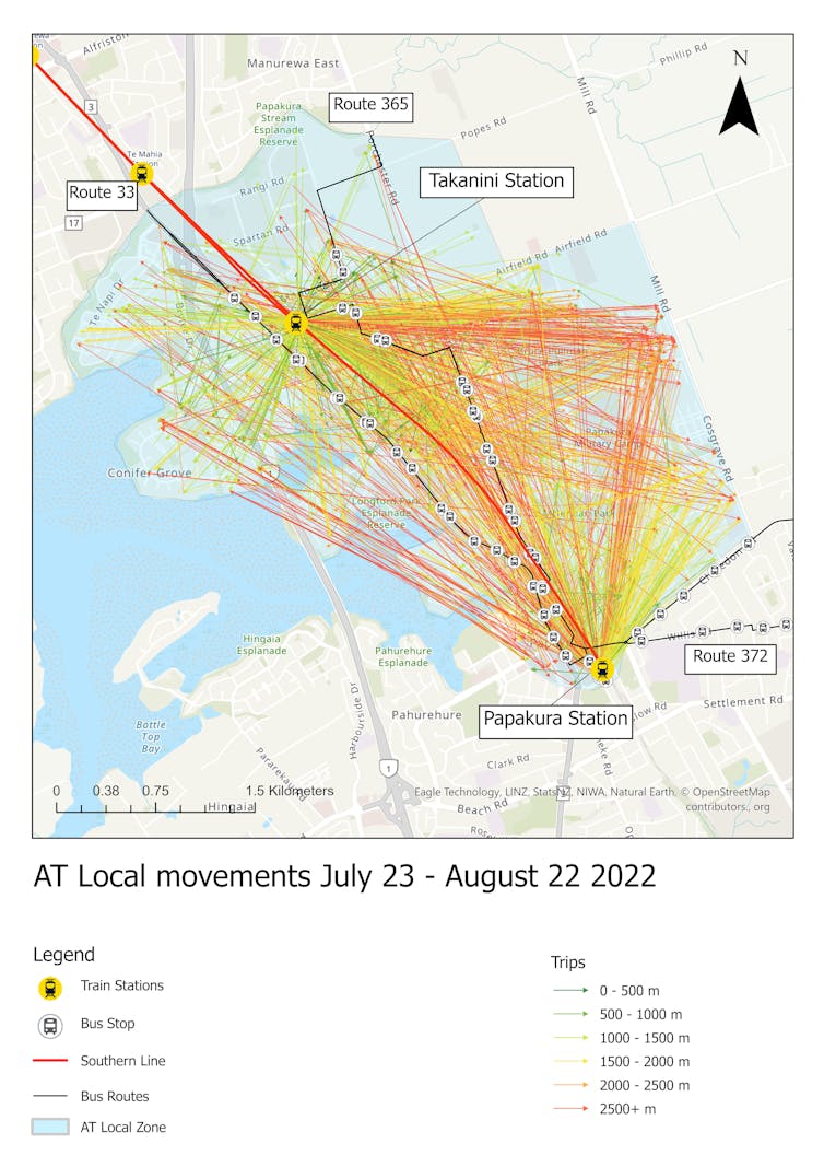 A map of south Auckland showing trips taken between July 23 and August 22.