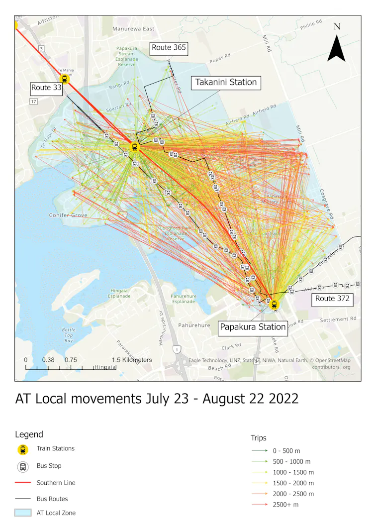 A map of south Auckland showing trips taken between July 23 and August 22.
