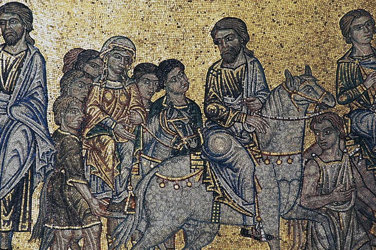 A mosaic with a gold-colored background shows men and women in robes, some riding horses.