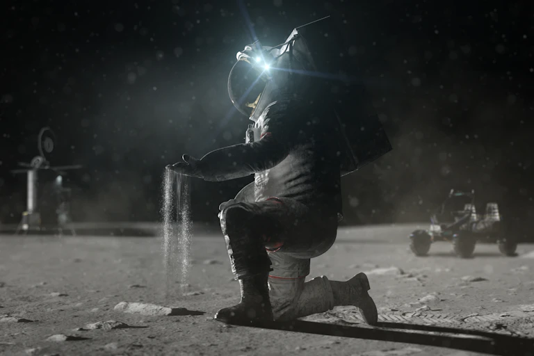 A nearly greyscale image of an astronaut kneeling on the Moon with grey sand sifting through their fingers