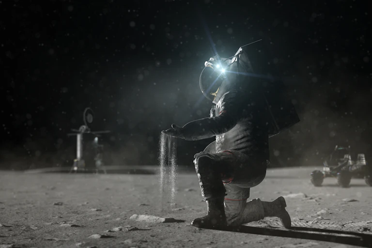 Un·e astronaute touche la poussière lunaire.