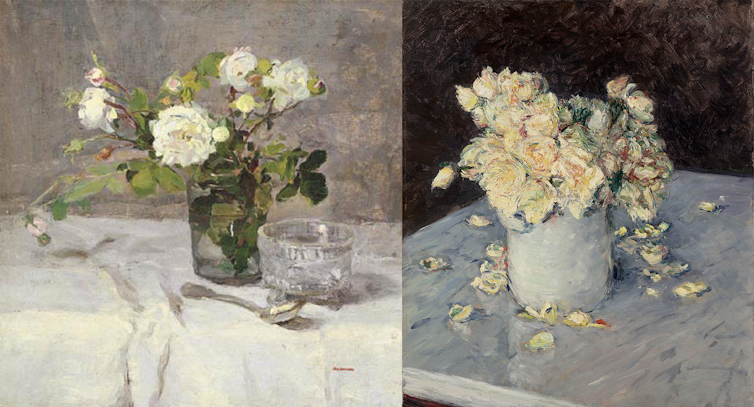 Two paintings of flowers in a vase.
