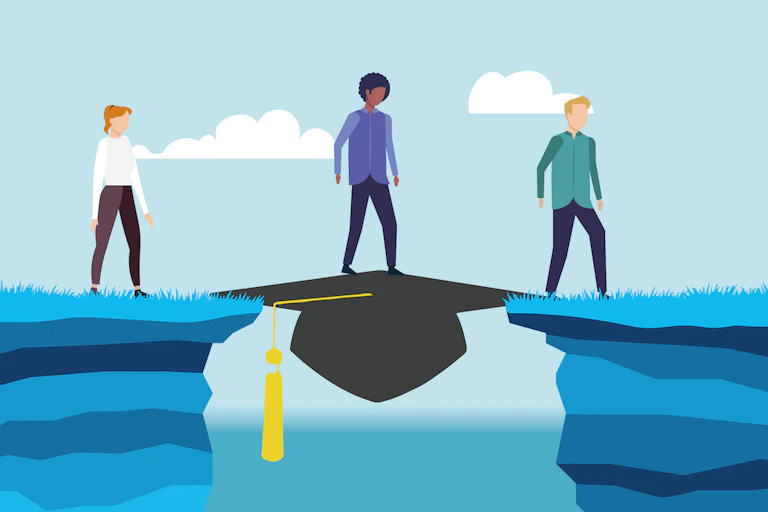 Illustration montrant des personnes transversant un pont symbolisant la formation.