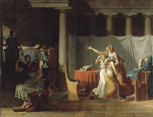 Jacques-Louis David's The Lictors Bringing to Brutus the Bodies of his Dead Sons is a gruesome and compelling painting