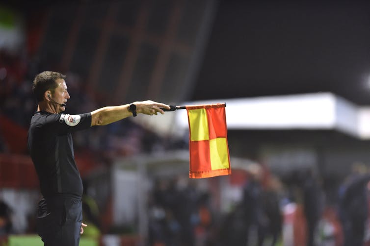 Man holds up flag