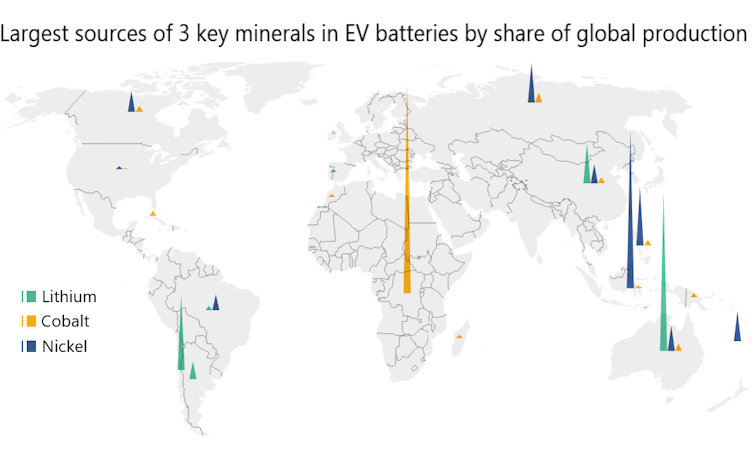 Las barras en un mapa muestran los países con la producción de minerales más crítica.