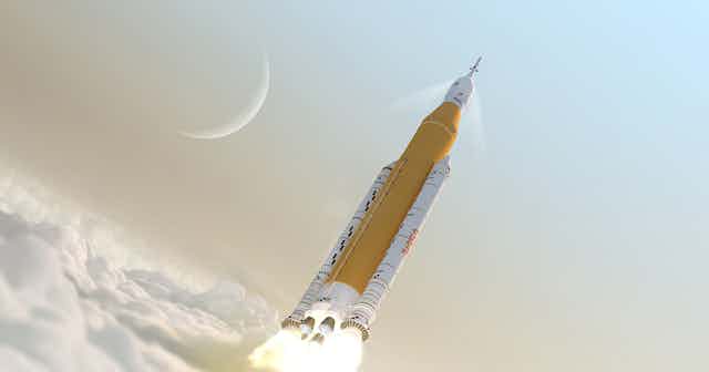 An artist's rendering of a large rocket rising above the clouds with a crescent moon in the background