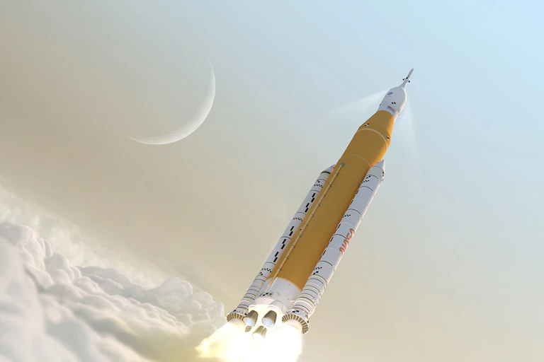 An artist's rendering of a large rocket rising above the clouds with a crescent moon in the background