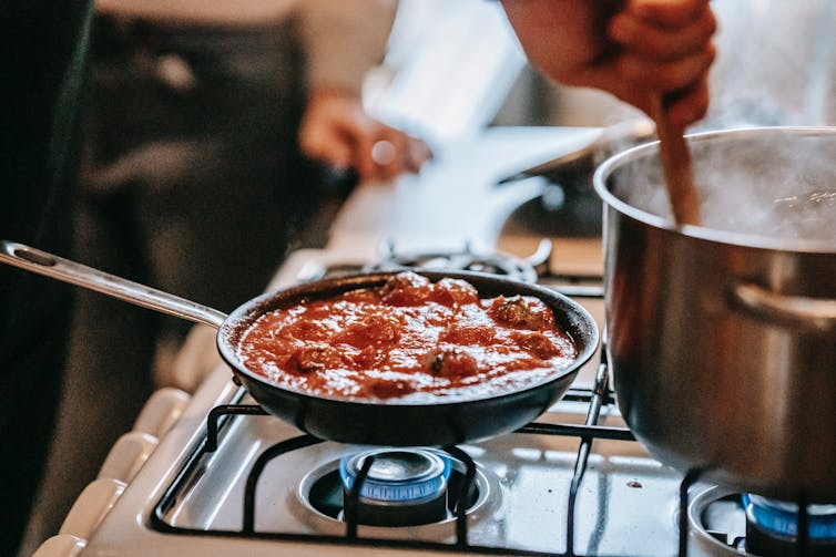 Tomato dish and a basin of boiling water on a gas stove
