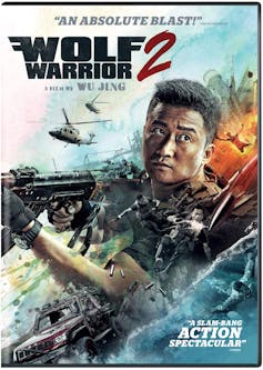 A movie poster showing a collage of action and explosions, a Chinese man holds a gun at the centre of the image.