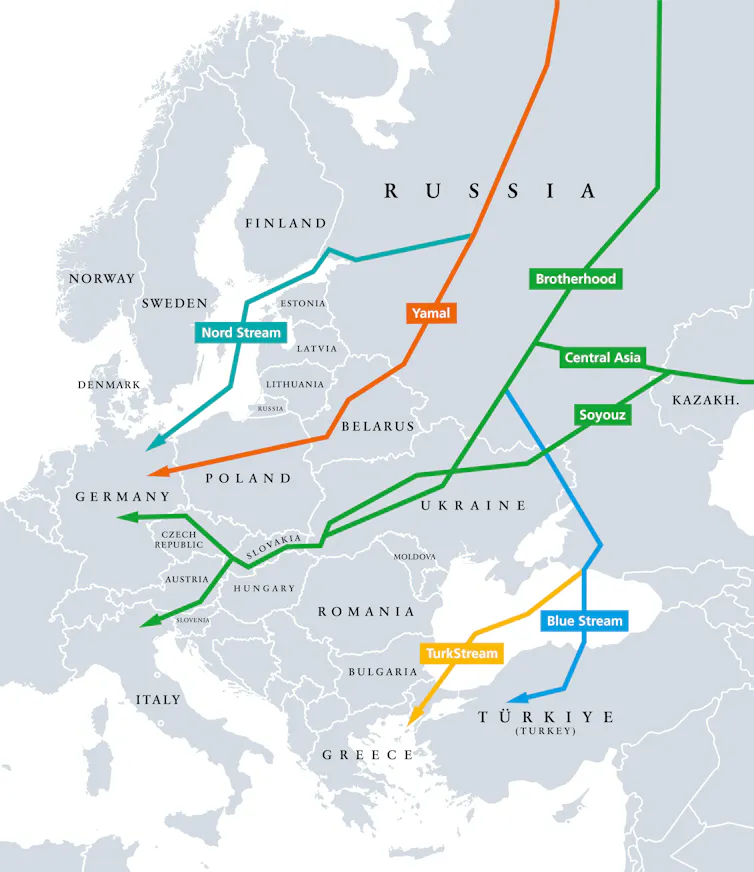 A map of green, orange and blue lines showing Russian pipelines across Europe.