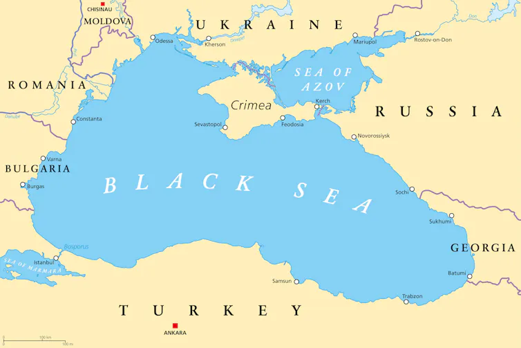 Map of Black Sea with southern Ukraine and Crimea.