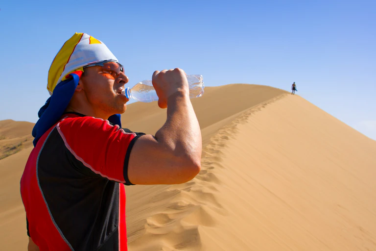 A man standing on top of a desert sand dune drinking from a bottle of water.
