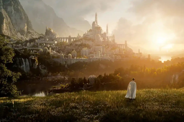 Person looks on at fantasy city in distance.