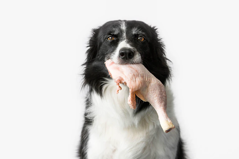Dog eating raw chicken