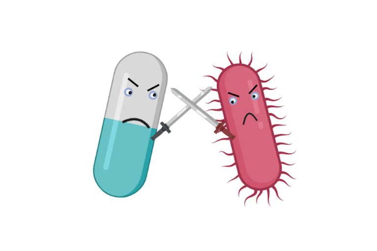 Illustration of a drug capsule fighting a microbe