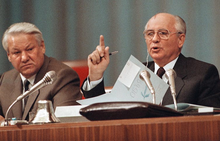 President of the Soviet Union Mikhail Gorbachev (R) points, as President of Russian Federation Boris Yeltsin (L) looks at him during the Congress of People's Deputies in Kremlin, Moscow, Russia, 04 September 1991