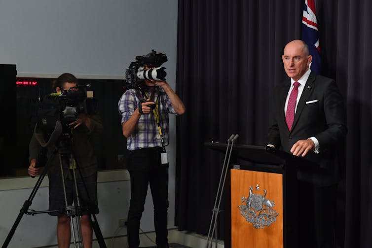 Stuart Robert at a press conference in Canberra.