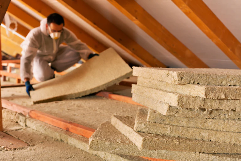 Masked man installing insulation in roof of house