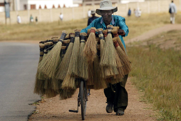 A Zimbabwean broom vender pushes his bike on the streets of Chitungwiza outside Harare