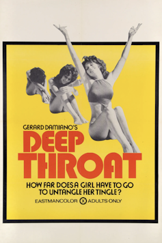 Yellow 'Deep Throat' movie poster with woman in various poses.