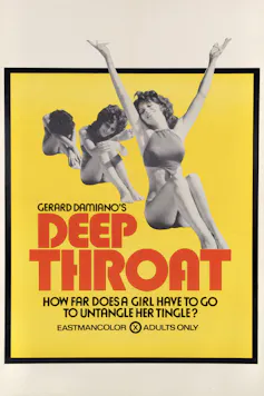 Yellow 'Deep Throat' movie poster with woman in various poses.