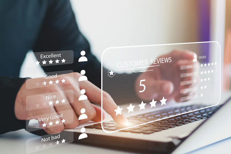 Conceptual illustration depicting a male internet use leaving an online review