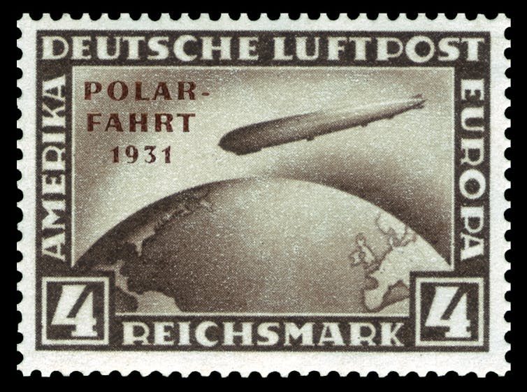 A stamp showing the zepplin and a price of 4 Reichsmark