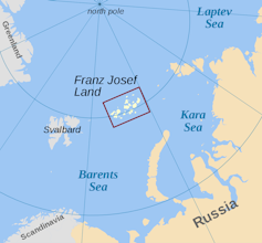 A map showing Franz Josef Land in relation to Greenland and Russia.