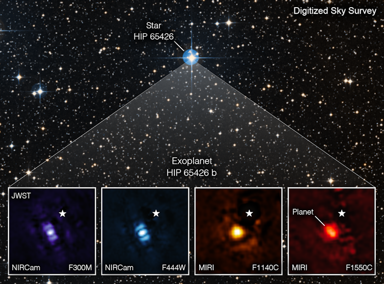Quattro immagini di HIP 65426b, a quattro diverse lunghezze d'onda della luce infrarossa.