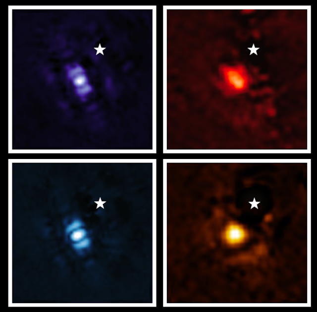 Grid of four colourful images - purple, blue, red and orange - showing a point of light