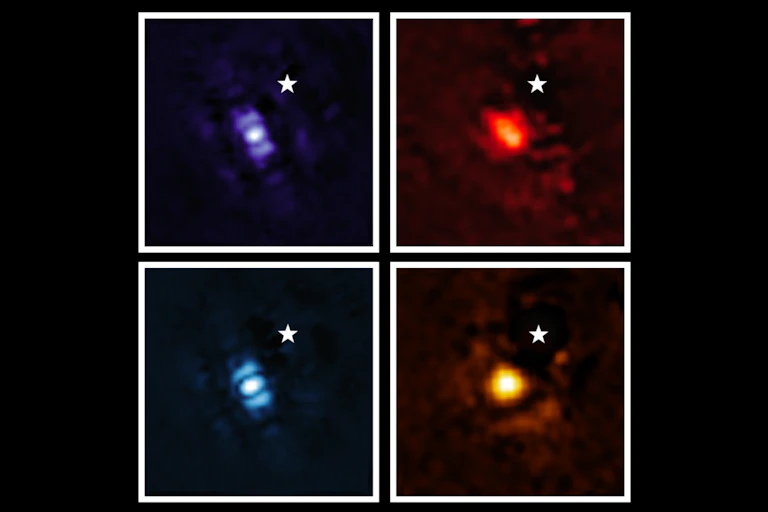 Grid of four colourful images - purple, blue, red and orange - showing a point of light