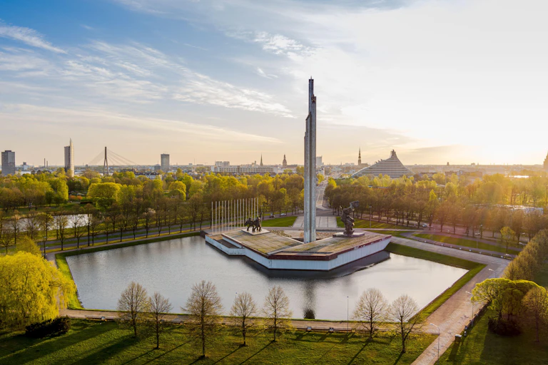 Aerial view of a monument in a lake.