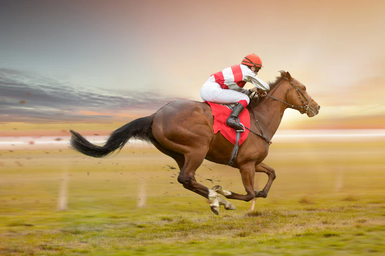 Jockey rides a galloping horse