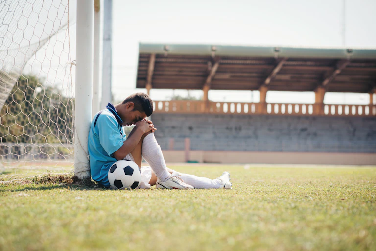 Sad boy with ball sat on football pitch