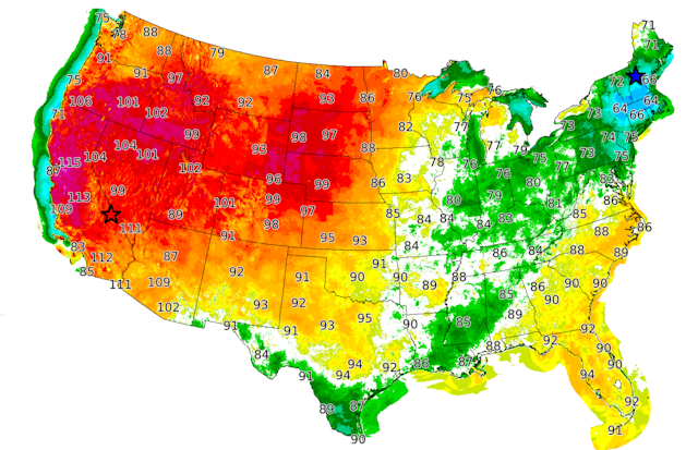 Map of US heat forecast show red across much of the west and 100-plus degrees in much of California, Nevada, southeast Oregon and southern Idaho