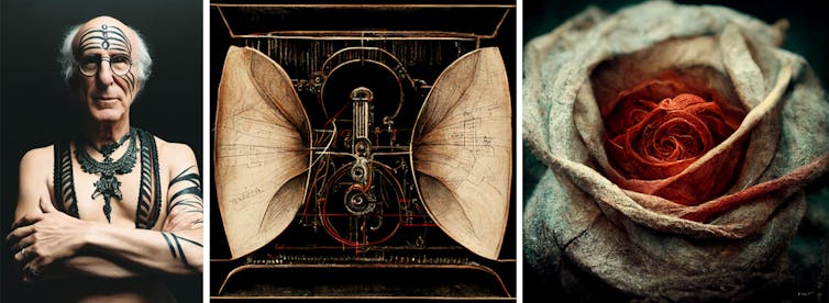Triptychon: Larry David als Kriegerprinzessin, Design für den Phonographen von Trent Reznor und eine Nahaufnahme von Rose