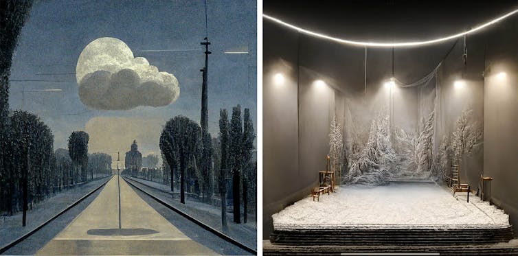 An illustrated cloud; a snow-filled stage.