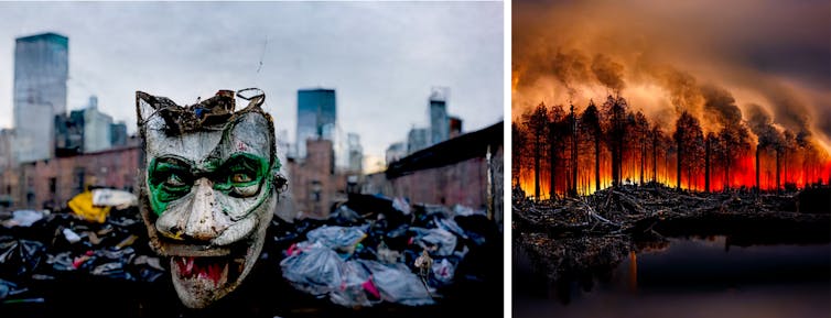 Joker mask in litter filled alley, dirty New York skyline;  a raging bushfire consumes a blackened forest.