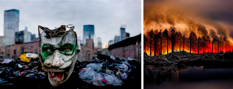 Joker's mask in rubbish filled alleway, grubby New York skyline; a raging bushfire consumes a blackened forest.