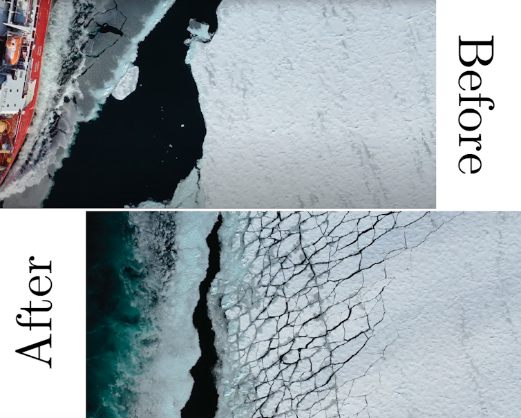 Two photographs of ice cover, the first shows the ship travelling past before the break up and the second shows the break up.
