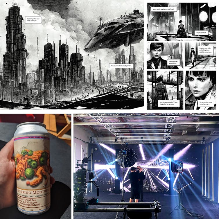 Two pages from a science fiction comic book;  a photographic studio;  a hand holding a can of cold beer