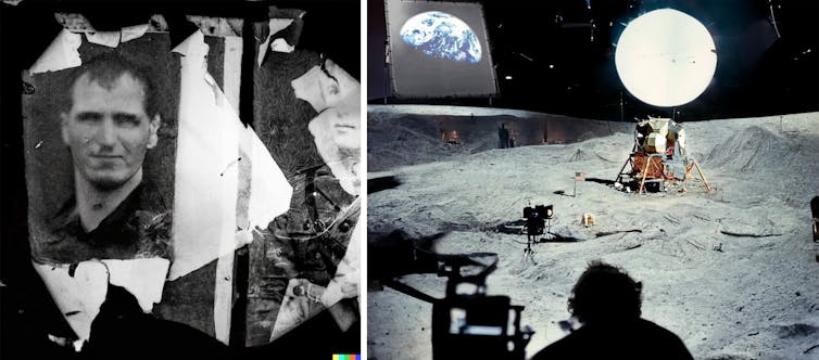 eine Gruppe gespenstischer Gesichter in stark beschädigten Fotografien;  Filmstudio, das Apollo 11 auf der Oberfläche eines imaginären Mondes zeigt.