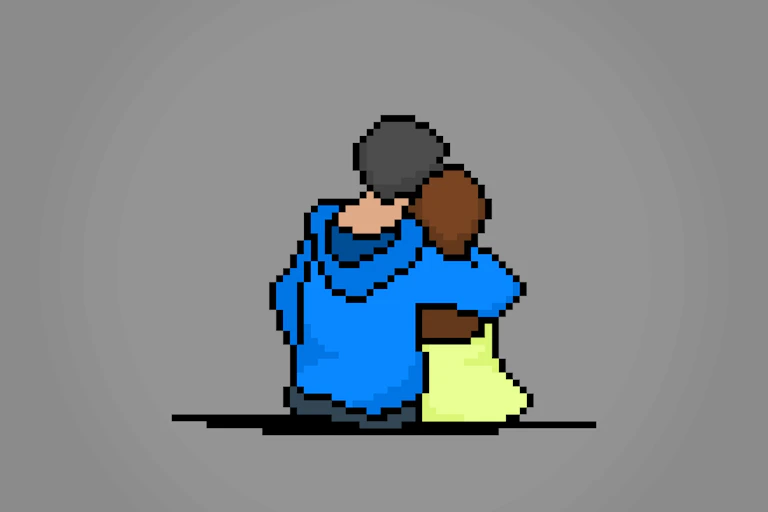 A pixelated image of a man and a woman hugging