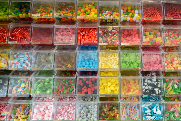 Shelves of colourful pick and mix sweets inside a candy store