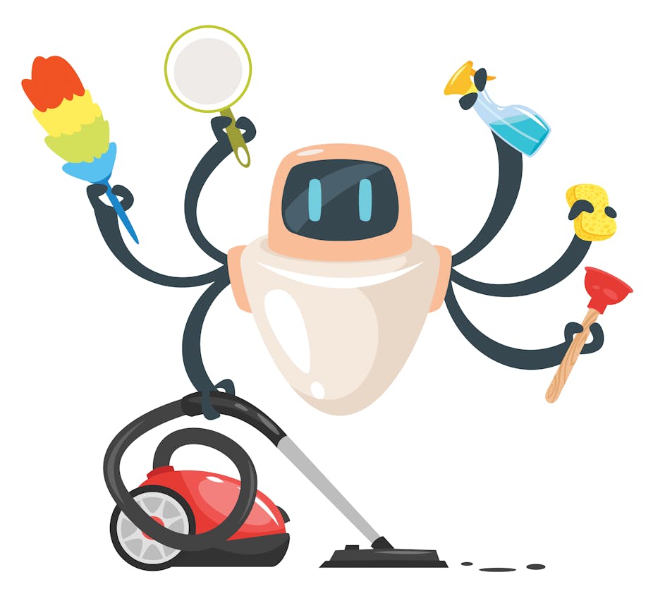 cartoon image of a robot with six arms holding a vacuum cleaner, duster, mirror, spray bottle, sponge and toilet plunger
