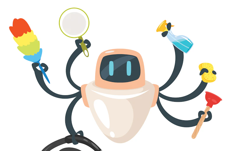cartoon image of a robot with six arms holding a vacuum cleaner, duster, mirror, spray bottle, sponge and toilet plunger