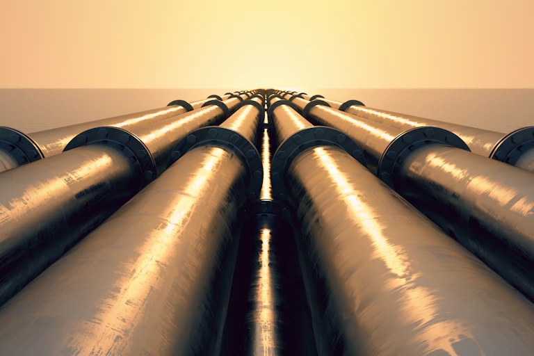 Tubes running in the direction of the setting sun. Pipeline transportation is most common way of transporting goods such as Oil, natural gas or water on long distances.