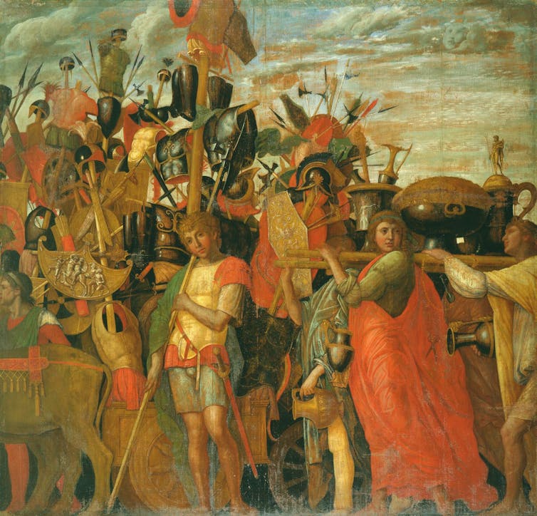 A painting showing people carrying weapons, armor and other captured treasures.