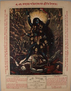 An image of Kali holing a bloodied blade in her hands. She stands above a body wearing heads around her neck.